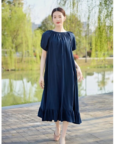 Navy Ruffle Hem Midi Dress