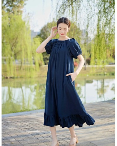Navy Ruffle Hem Midi Dress